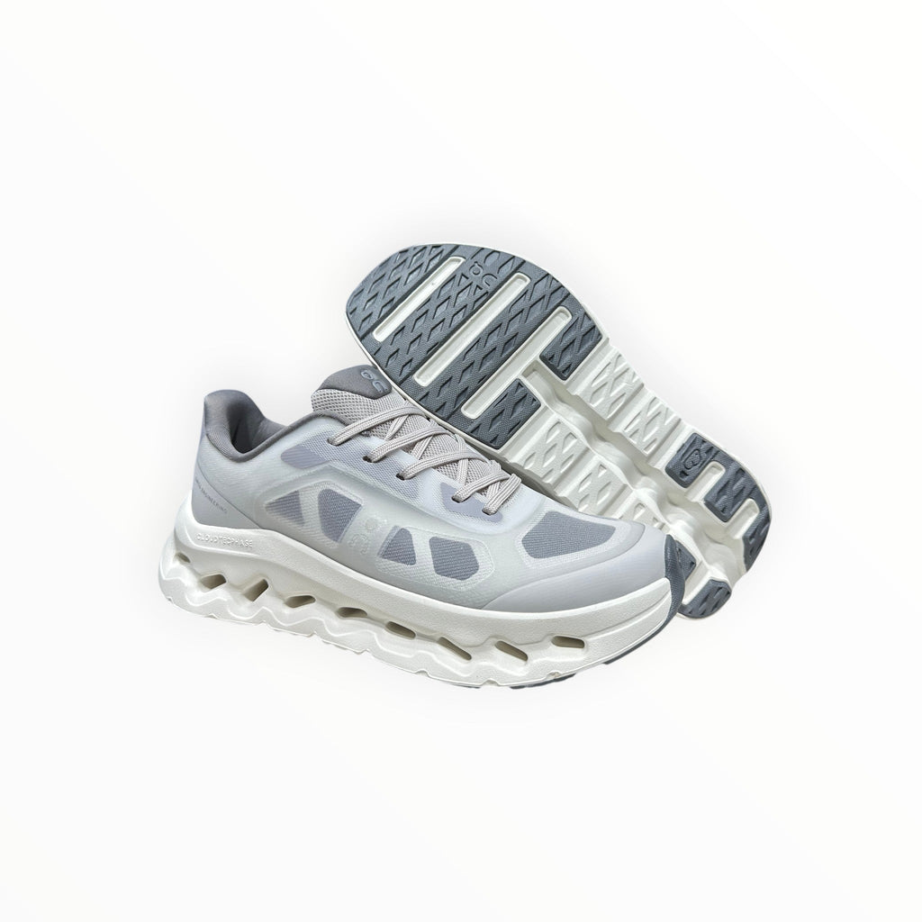 EWW Sports Shoes On Cloudtilt Remix grey running shoes with layered see-through upper and CloudTec Phase cushioning.