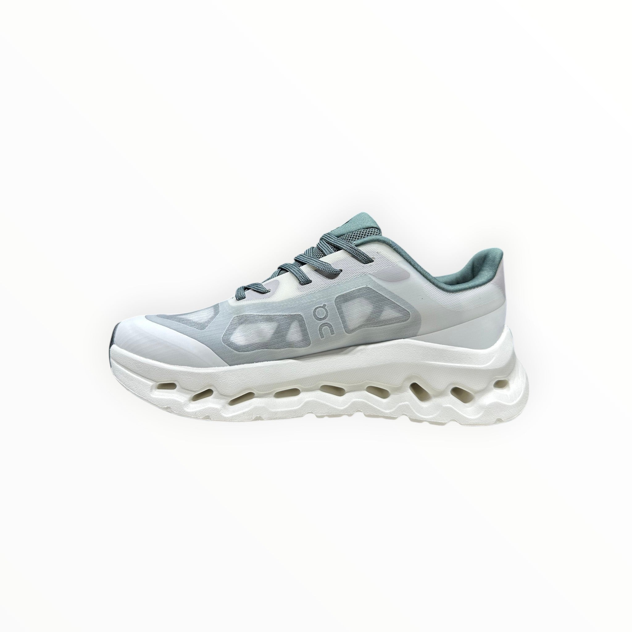 EWW Sports Shoes On Cloudtilt Remix white and light blue running shoes with a translucent layered upper and chunky white sole.