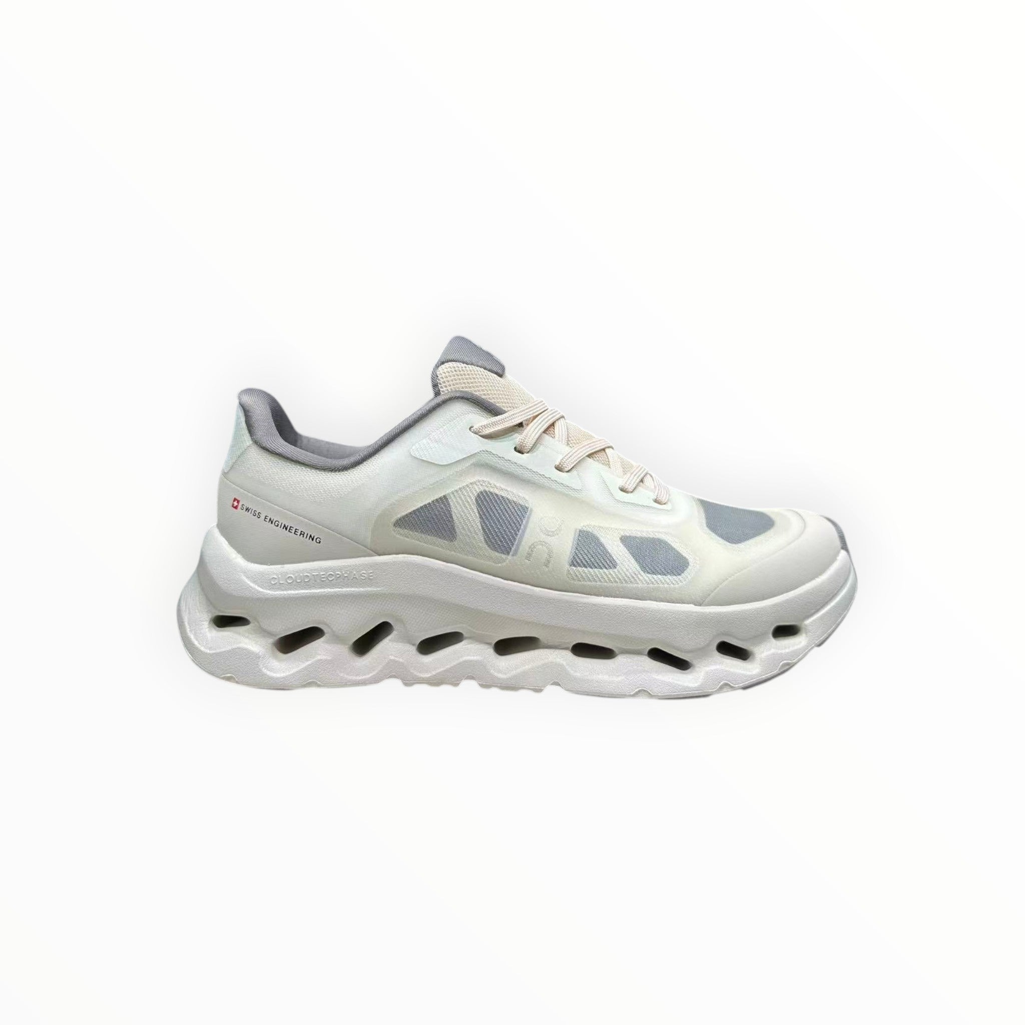 EWW Sports Shoes On Cloudtilt Remix white and grey running shoes with see-through x-ray effect upper and CloudTec Phase cushioning.