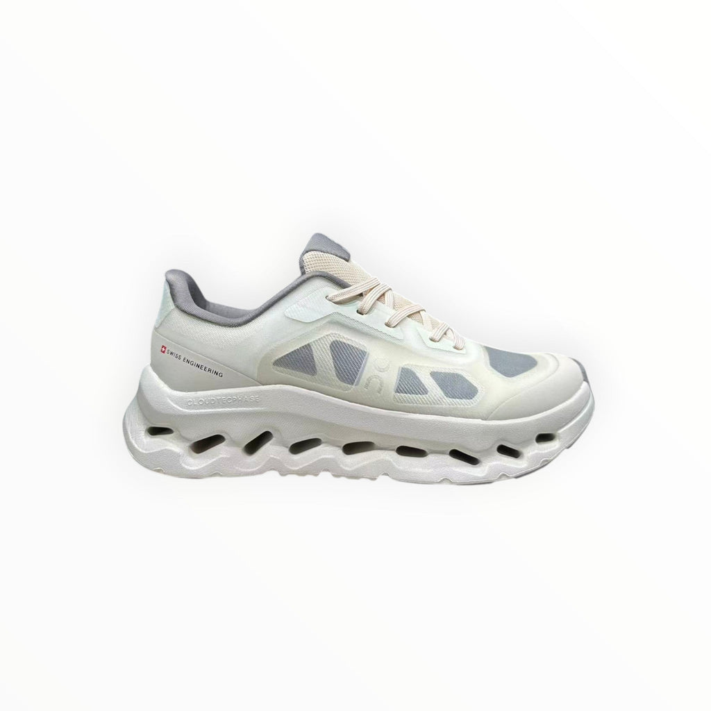 EWW Sports Shoes On Cloudtilt Remix white and grey running shoes with see-through x-ray effect upper and CloudTec Phase cushioning.