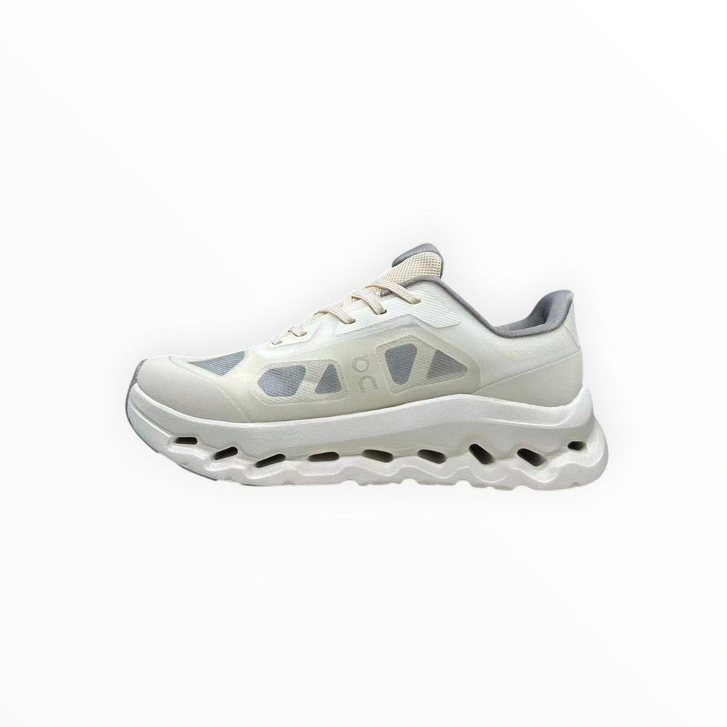 EWW Sports Shoes On Cloudtilt Remix white and grey trainers with layered see-through upper and unique wavy sole.