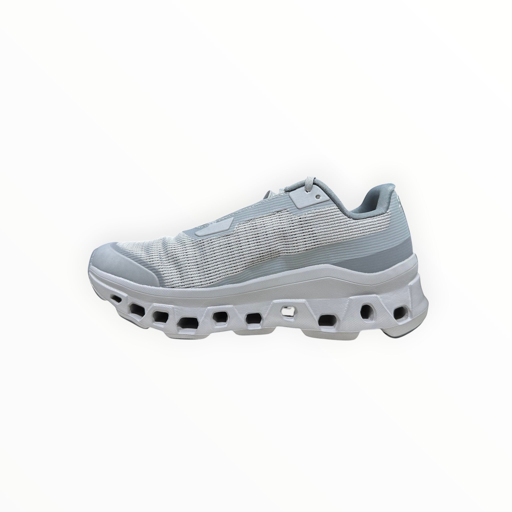EWW Sports Shoes On Running Cloudmonster Void men's running shoe in alloy gray and glacier gray, with breathable mesh upper and signature CloudTec cushioning.