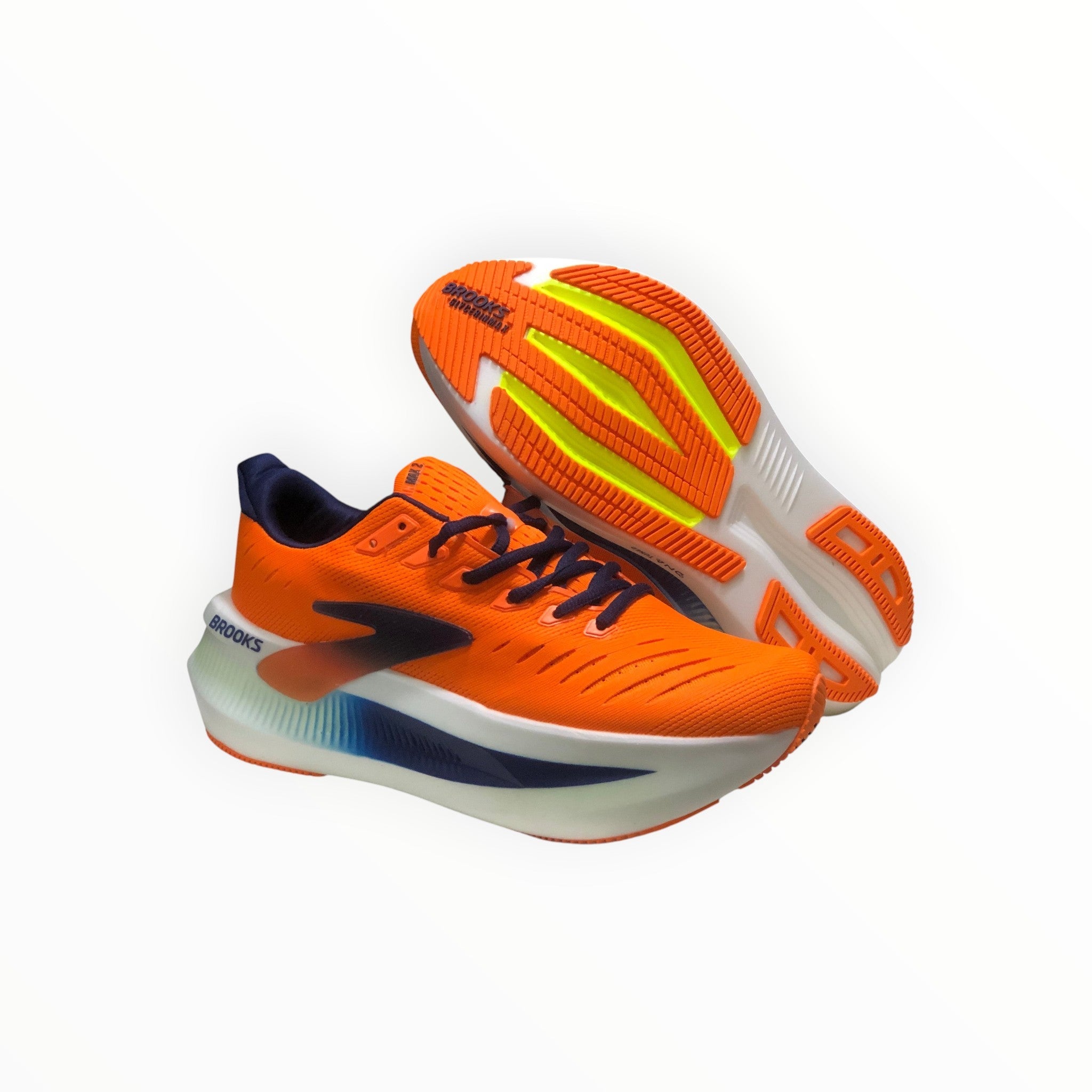 EWW Sports Shoes Glycerin Max 2 men's orange running shoes with navy accents and white soles. Features plush cushioning and a smooth stride.
