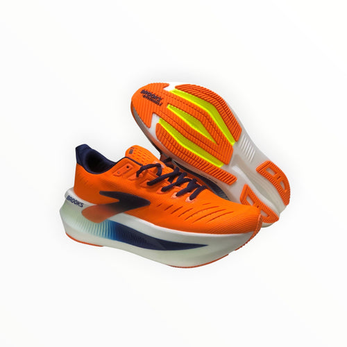 EWW Sports Shoes Glycerin Max 2 men's orange running shoes with navy accents and white soles. Features plush cushioning and a smooth stride.