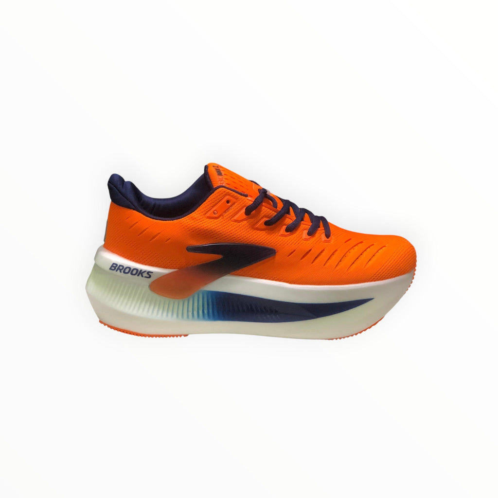 EWW Sports Shoes Glycerin Max 2 men's orange running shoes with navy accents and a thick white midsole.