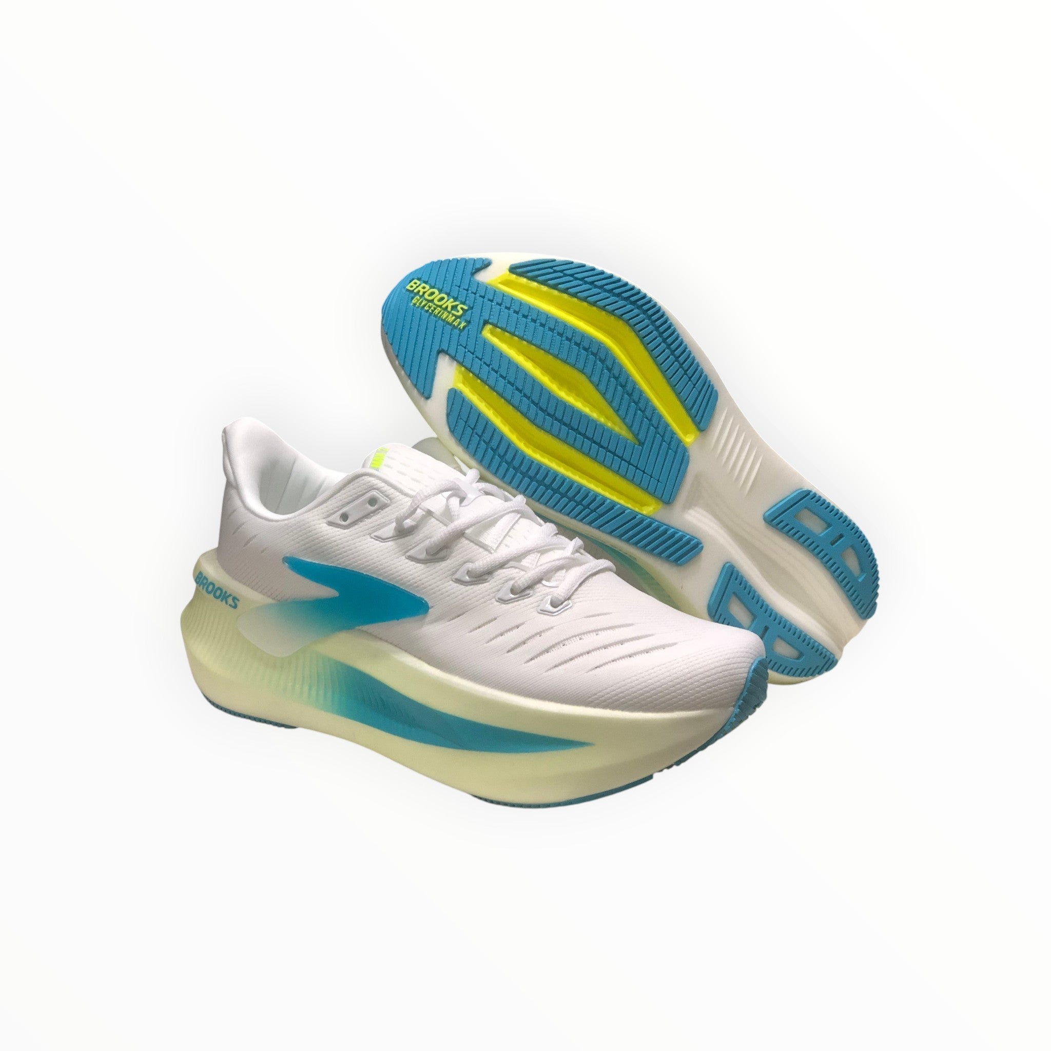 EWW Sports Shoes white and blue men's Glycerin Max 2 running shoes with cushioned sole and breathable mesh upper.