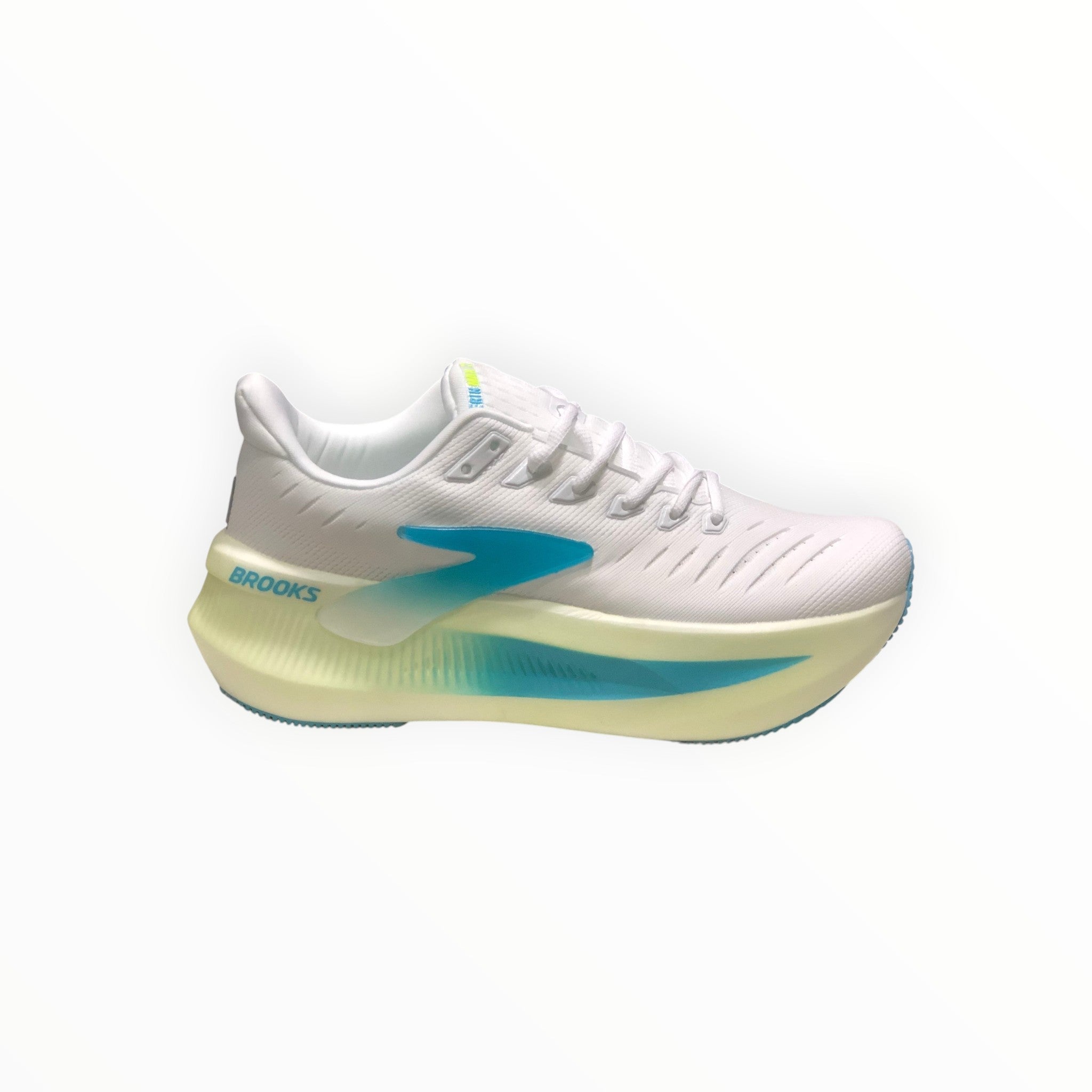 EWW Sports Shoes men's white running shoes with blue accents and a thick yellow and blue sole. Features Brooks logo and GlideRoll technology.