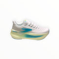 EWW Sports Shoes men's white running shoes with blue accents and a thick yellow and blue sole. Features Brooks logo and GlideRoll technology.