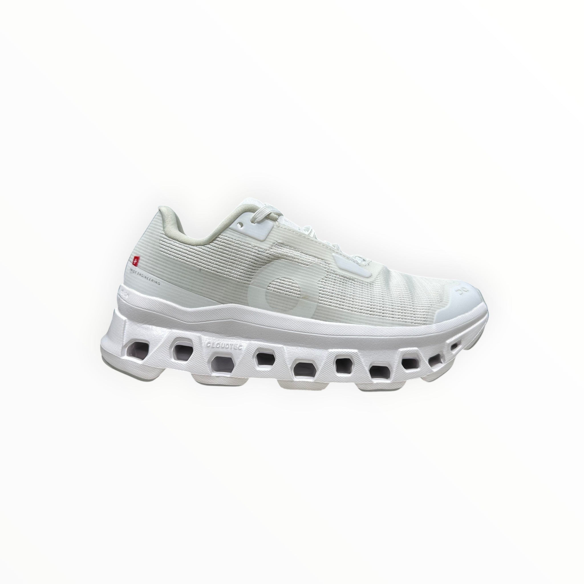 EWW Sports Shoes white On Running Cloudmonster running shoe with breathable mesh upper and signature CloudTec cushioning.