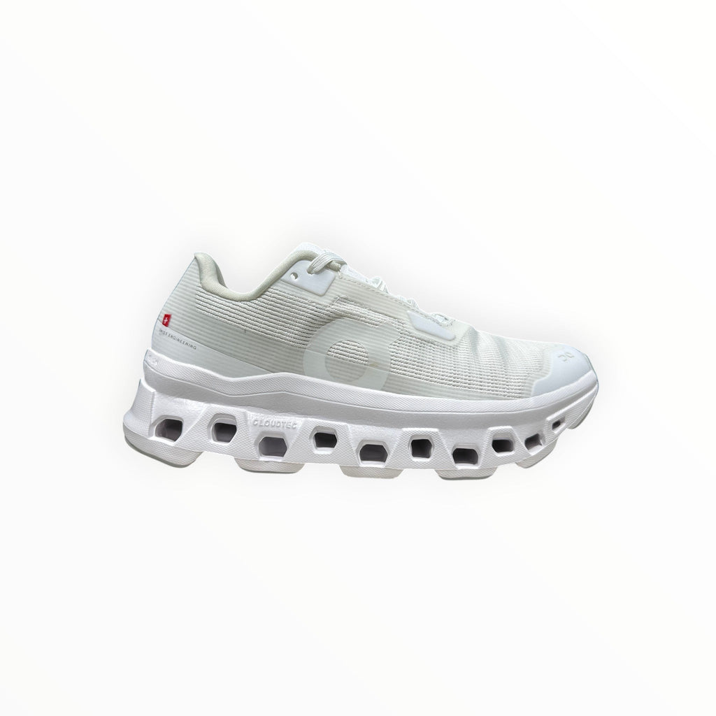 EWW Sports Shoes white On Running Cloudmonster running shoes with breathable mesh upper and signature CloudTec cushioning.